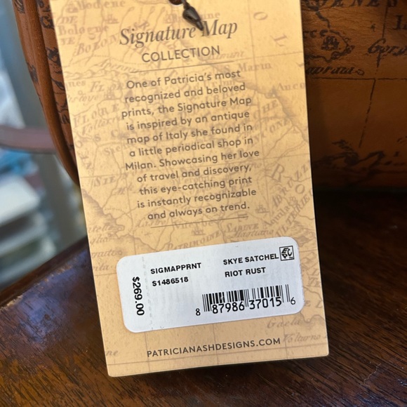 Patricia Nash Brown Map Print Skye Satchel Riot Rust Adjustable Strap NWT - Picture 9 of 13